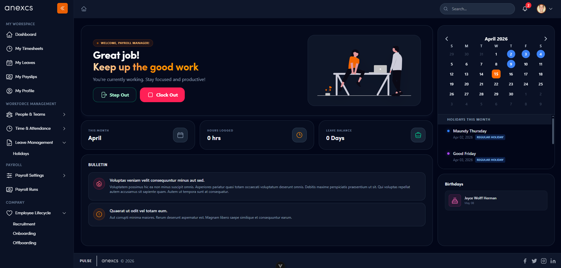Pulse Dashboard — attendance, calendar, leave balances, holidays, bulletins