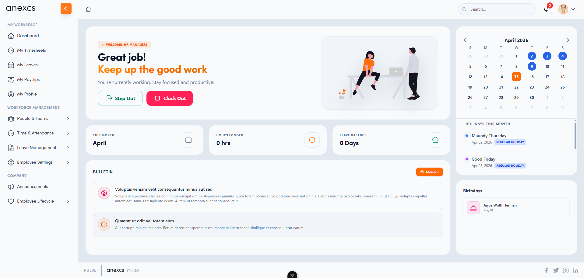 Pulse Dashboard — attendance, calendar, leave balances, holidays, bulletins