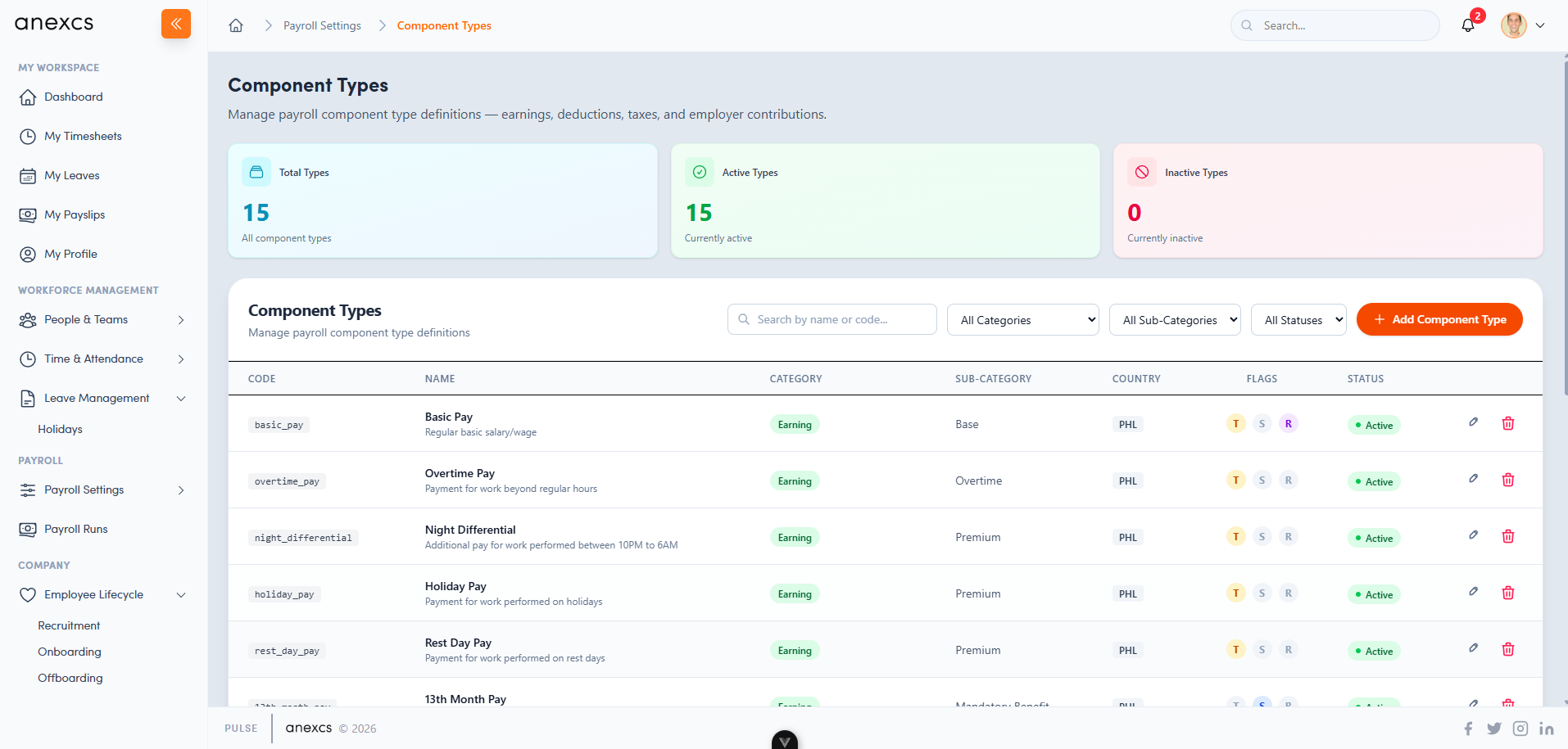 Pulse Payroll Component Types — earnings, deductions, contributions
